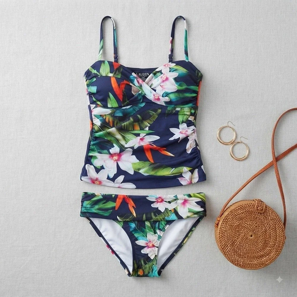 Lauren Ralph Lauren Tankini Swimsuit Women Size 2 Navy Blue Floral Tropical NWT